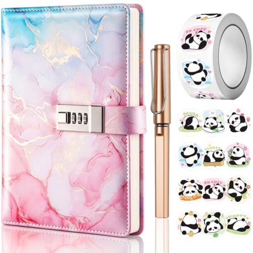 UNIANE Journal avec cadenas pour filles, Journal A5 avec code, Carnet avec cadenas avec stylo et ensemble d'autocollants amusants, Carnet en PU cuir, Carnets Secret Marble pour cadeau d'anniversaire