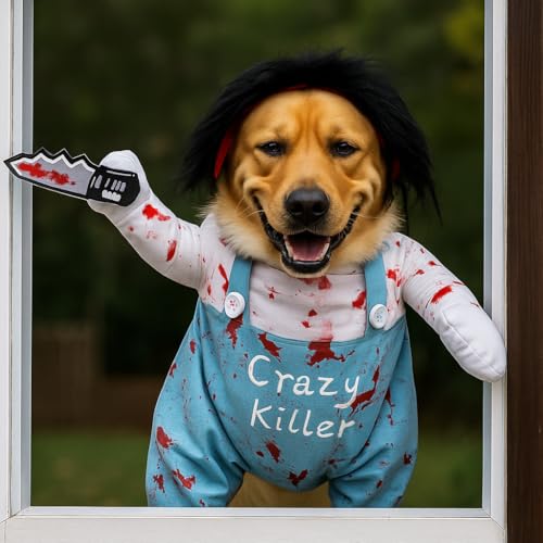 Valicaer Halloween Hundekostüm Chucky,Hund Schreckliches Kostüm Lustiges Haustier Kostüm für kleine bis große Hunde und Katze, Party- und Cosplay Anzug Dog Killers (L)