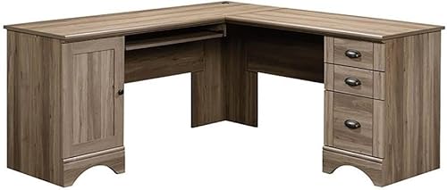 Pemberly Row Escritorio para computadora en forma de L con almacenamiento en torre de CPU, cajón de archivos de cartaslegales y bandeja para teclado