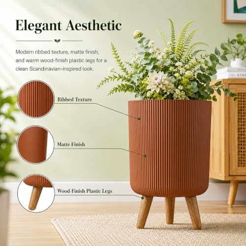 Image of Eightiz Store Modern Wood Brown Flower Pot with Plastic Legs | Indoor Outdoor Planter for Home Garden Balcony Decor Ribbed Design Sturdy Plastic Mid-Century Style (Wood Brown, Pack of 2)