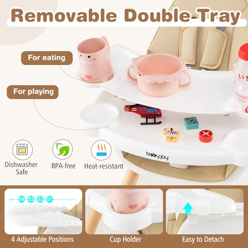 baby joy 6 in 1 high chair convertible high chairs for babies and toddlersbooster seattable and chair set infant wooden highchair w 5-point harness 4-position removable tray amp pu cushion khaki