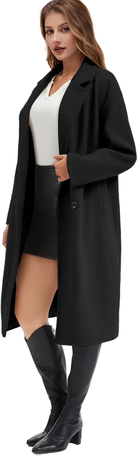Flygo Womens Long Pea Coat Notch Lapel Double Breasted Trench Coat Fall Winter Overcoat Long Jacket - Image 4
