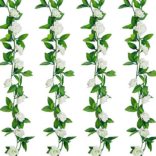 LikSoor 4 Pcs 28Ft Flower Garland White Fake Roses Vines Bedroom Aesthetic Spring Summer Hanging Artificiales para Decoracion for Room,Tea Party,Wedding Arch Decor…