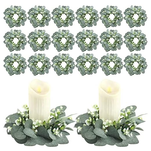 Panelee 20 Pcs Candle Rings Artificial Eucalyptus Candle Wreath Greenery Leaves Boho Garland Pillar Candleholders for Wedding(Elegant Eucalyptus Leaf)