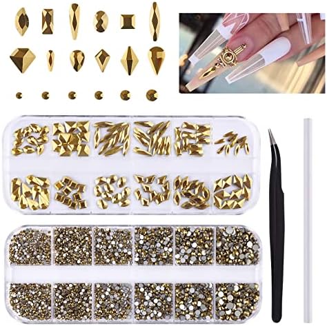 3120Pcs Gold Rhinestones Gems for Nails EBANKU Gold Nail Art Charms Flat Back Gems Crystal Jewel Diamonds for Craft with Tweezers and Drill Pen