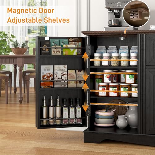 65\" Sideboard Buffet Cabinet with Storage, Farmhouse Kitchen Pantries Sideboard Cabinets with Drawer, Wood Coffee Bar Cabinet with Adjustable Shelves, Storage Cabinets for Kitchen, Black - Thumbnail 3
