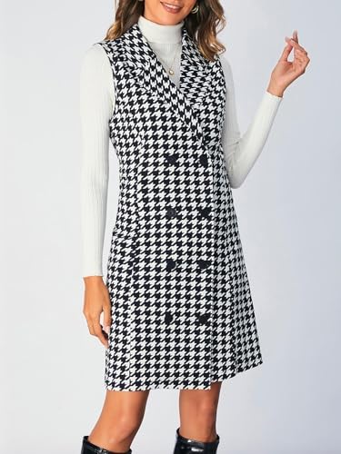 SOLY HUX Women's Plaid Houndstooth Print Blazer Long Vest Top Sleeveless Cardigan Jacket4