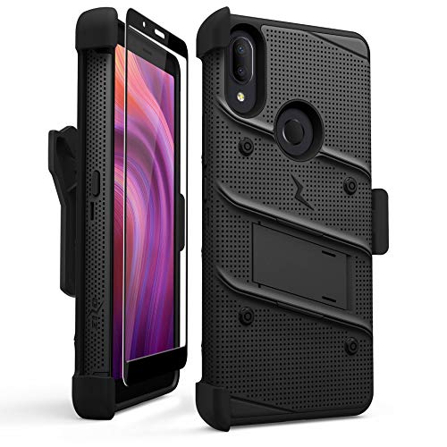 Zizo Bolt Series Alcatel 3V 2019 Case - Military Grade Drop Tested With Glass Screen Protector Holster Kickstand - Black & Black #TOP7