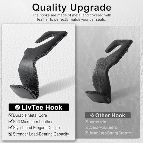 LivTee Black Superior Leather Car Seat Back Headrest Hook, Auto Seat Hook Hangers Interior Accessories for Purse Coats Umbrellas Grocery Bags Handbag, 2-Pack - Image 5