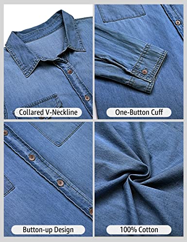 Vetinee Women's Roadknight Blue Button Down Denim Shirt Collared Classical Casual Vintage Retro Long Sleeve Pocket Tunic Fall Tops Blouse Size Small Size 4 Size 6 #TOP5