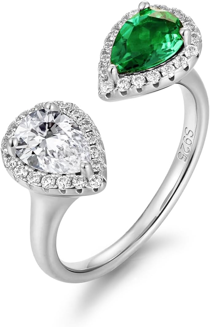 FWM Moissanite and Emerald Halo Rings for Women, Adjustable Engagement Open Ring, Solid Sterling Silver With Gold Plated, Wedding Promise Ring, Anniversary Christmas Valentines Mothers Day for Her