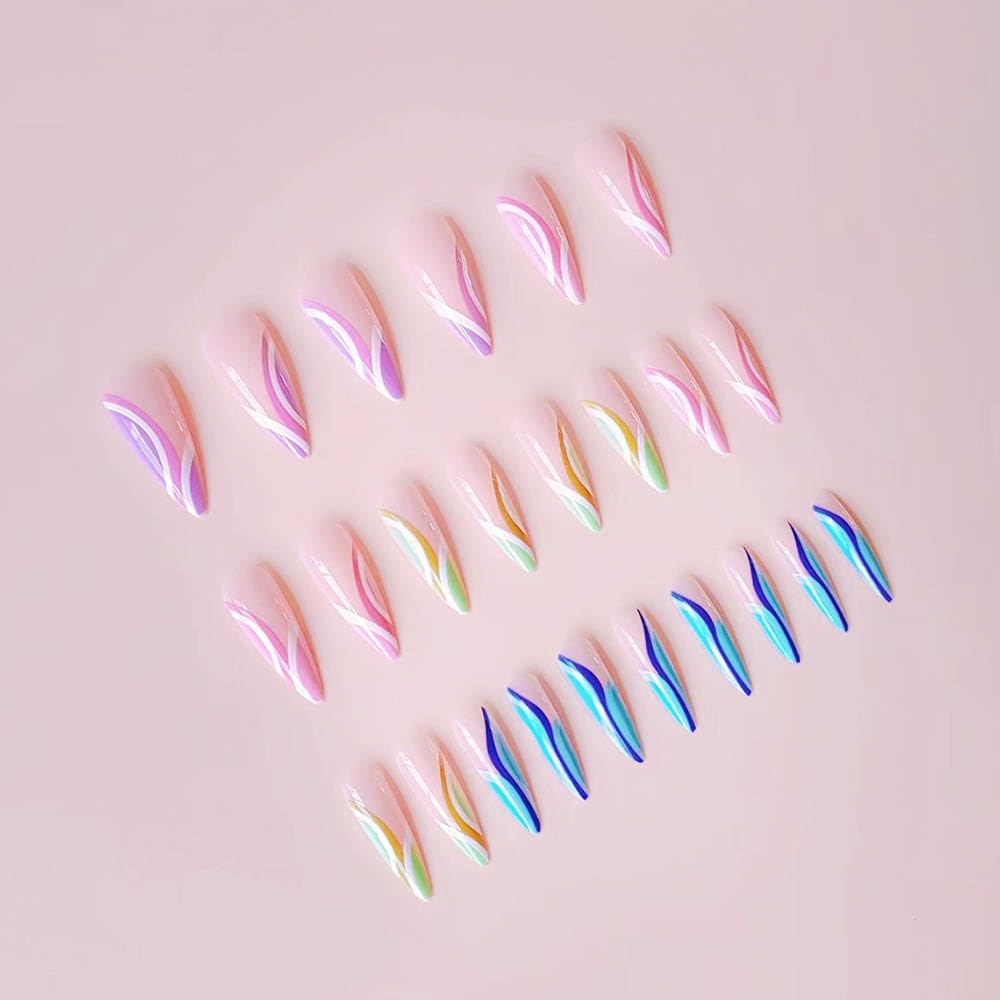Long Stiletto Press on Nails Almond False Nails French Tip Fake Nails Colorful Stick on Nails Cute Glue on Nails Glossy Artificial Nails for Women 24 pcs