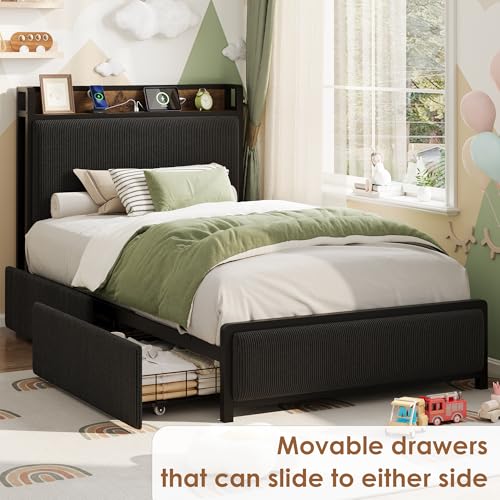 Twin Size Bed Frame with 2 Storage Drawers and Charging Station, Rustic Linen Upholstered Platform Bedframe with Storage Headboard, Heavy Duty, No Box Spring Needed, Easy Assembly, Noise Free, Black by GarveeHome - Used condition - Image 3
