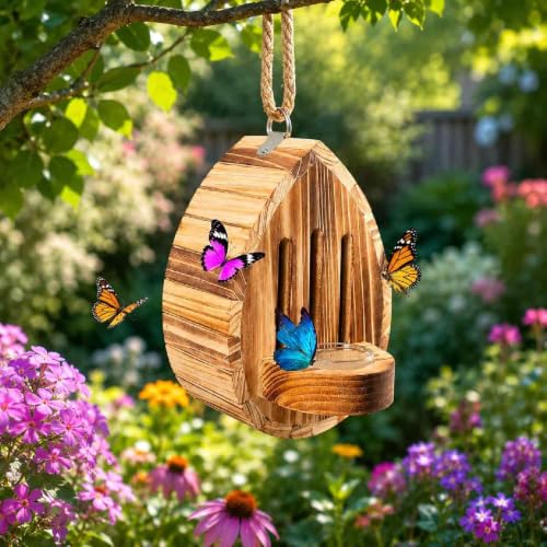 Butterfly Houses for Outside, Wooden Butterfly House Feeder Shelter with Puddling Floor, Tree Hanging Teardrop Habitat Box for Garden, Yard, Patio, Backyard Outdoor Decor (1PCS)