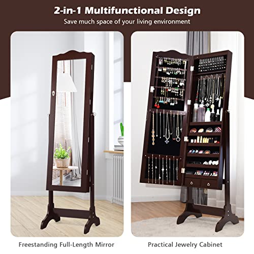 Costway 14 Led Jewelry Armoire Cabinet, Freestanding Jewelry Storage Organizer With Full Length Mirror And 4 Tilting Angles, Lockable Jewelry Cabinet With Key For Bedroom, Living Room (Brown) #TOP2