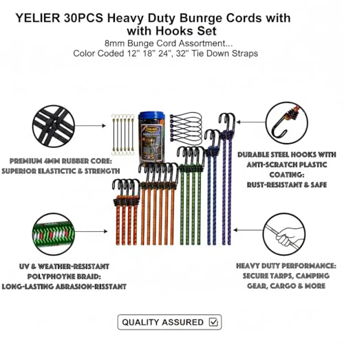 YELIER 30PCS Heavy Duty Bungee Cords with Hooks Set, 8mm Bungee Cord Assortment with Ball Bungees & Mini Bungee Cords. 12", 18", 24", 32", 40" Tie Down Straps for Tarps, Camping, Bike, Cargo, Luggage by Yelier - Image 3