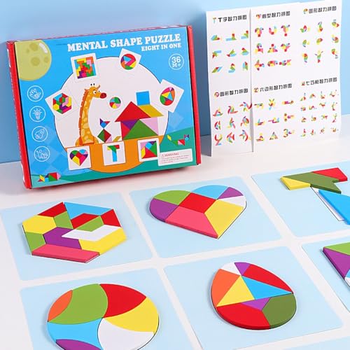 Image of PLUSPOINT Wooden Puzzle 68 Pattern Shape Blocks with 8 Activity Cards Montessori Educational Learning Toy Game,Geometric Shape Blocks Pattern (Geometric Puzzle)