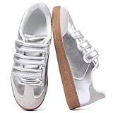CYNLLIO Sneakers for Women Fashion Silver Leather Sneakers Women’s Cute Casual Tennis Shoes Non-Slip Lightweight Comfortable Walking Shoes Size 8