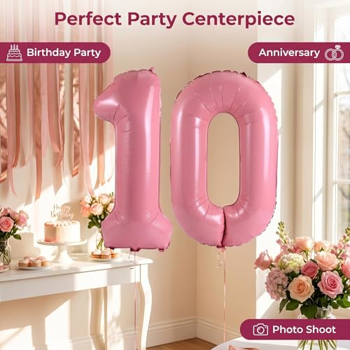 Image of Number 10 Balloon Foil Mylar Balloons for Birthday Party Decoration (Baby Pink, 32 Inch)