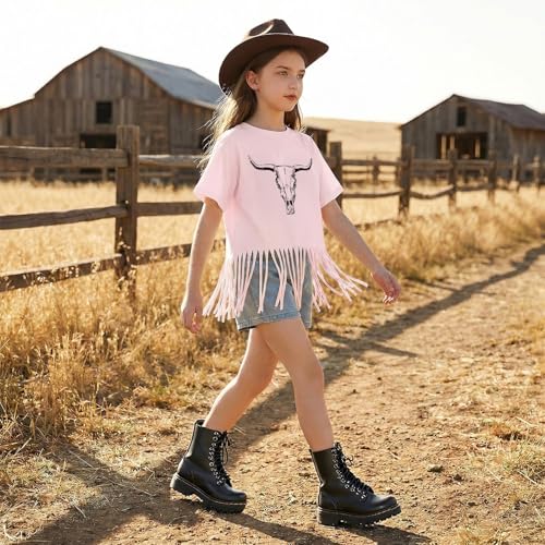 Image of Wrenpies Girls Western Fringe Shirt Long Live Cowgirls Country Rodeo Shirts Kids Cow Skull Graphic Tees Tassel Fringe Tops