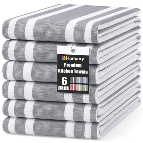 Homaxy Premium Kitchen Towels 18”x 28”, Large Cotton 380 GSM Kitchen Hand Towels, Stripe and Terry Dish Towel, Highly Absorbent Tea Towel Set with Hanging Loop, 6 Pack, Grey
