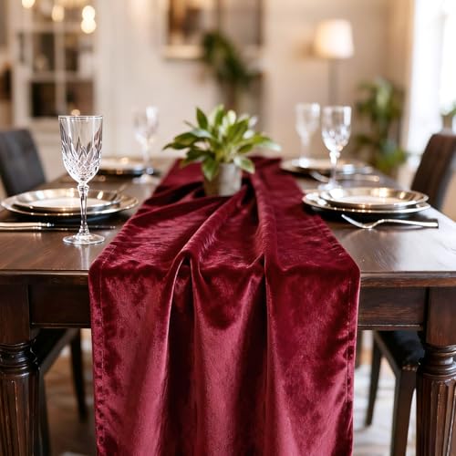 Hahuho Red Velvet Table Runner 10ft Extra Long,Soft Luxury Table Runner 20x120 inch for Christmas Thanksgiving Wedding New Year Party Table Decorations