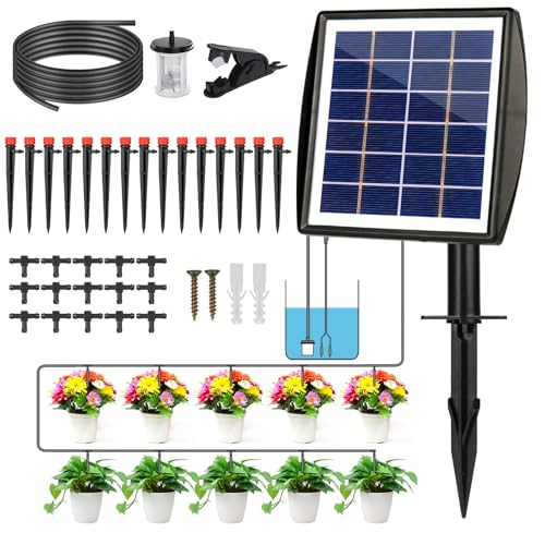 Irrigazione Automatica Energia Solare, Sistema di Irrigazione Automatico da Giardino con 15M Tubo e Gocciolatore, Set di Irrigazione a goccia fai da te per Piante Verdure in Patio Serra Prato