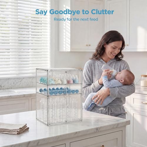 Image of HBlife Baby Bottle Storage Organizer for Countertop Cabinet, 3 Tiers Adjustable Clear Acrylic Bottles Storage Station Case Box Container with 2 Removable Dividers and Magnetic Double Door, X-Large