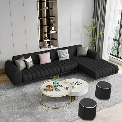 Image of Casaliving Herrick RHS 6 Seater L Shape Sofa Set with 2 Puffy for Living Room (Black) Premium Velvet Fabric Sofa
