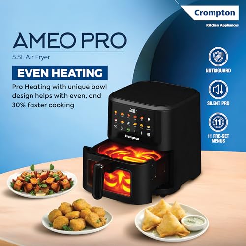 Image of Crompton Ameo Pro 5.5L Air Fryer with Even Heating, Pro Heating Bowl, Instapeek See through Window for Live Cooking View, Silentpro - Low Noise Technology, Nutriguard for Nutrient Retention