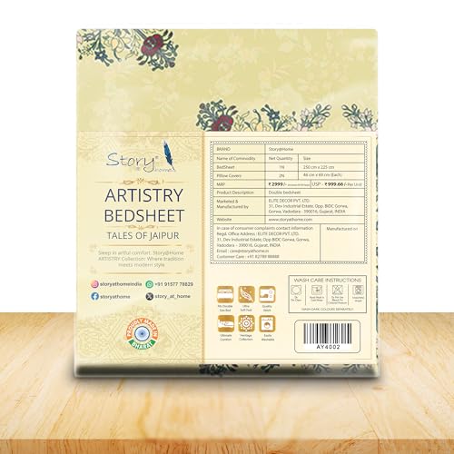 Image of Story@Home Rajasthani Theme Jaipuri Handblock Inspired Ethnic Print Double Bedsheet 250x225 cm with Pillow Covers | Cotton Feel 240 TC Soft Fabric | Yellow Green Design