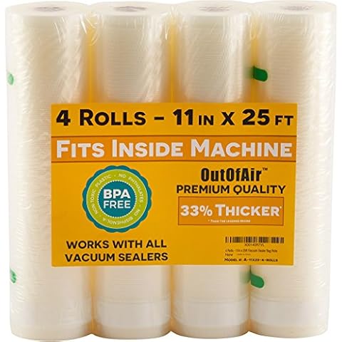 11" x 25' Rolls (Fits Inside Machine) - 4 Pack (100 feet total) OutOfAir Vacuum Sealer Rolls. Works with FoodSaver Vacuum Sealers. 33% Thicker, BPA Free, Sous Vide, Commercial Grade Cover