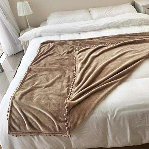 Lomao Flannel Blanket With Pompom Fringe Lightweight Cozy Blanket Soft Throw Blanket Fit Couch Sofa Suitable For All Season (51X63) (Khaki) #TOP5