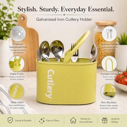 Image of MARKET 99 Galvanised Iron Mint Green Oval Cutlery Holder with Matte Finish | Knife and Fork Holder for Kitchen | Cutlery Stand | Dining Utensil Rack for Dining Table