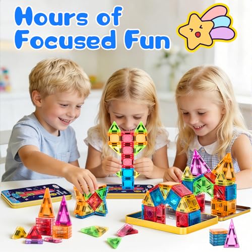 Image of Magnetic Tiles Magnetic Blocks Building Toy: Portable Mini Magnetic Tiles Travel Set 48 Pieces Montessori Toys Birthday Gift for Kids Girls and Boys Ages 3-12 Years Old Preschool Classroom Must Haves