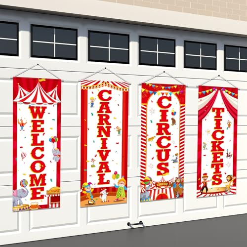 Image of Panelee 4 Pcs Carnival Circus Party Decorations Welcome Carnival Circus Tickets Porch Banner Hanging Backdrop for Halloween Birthday Baby Shower Door Wall Indoor Outdoor Decor