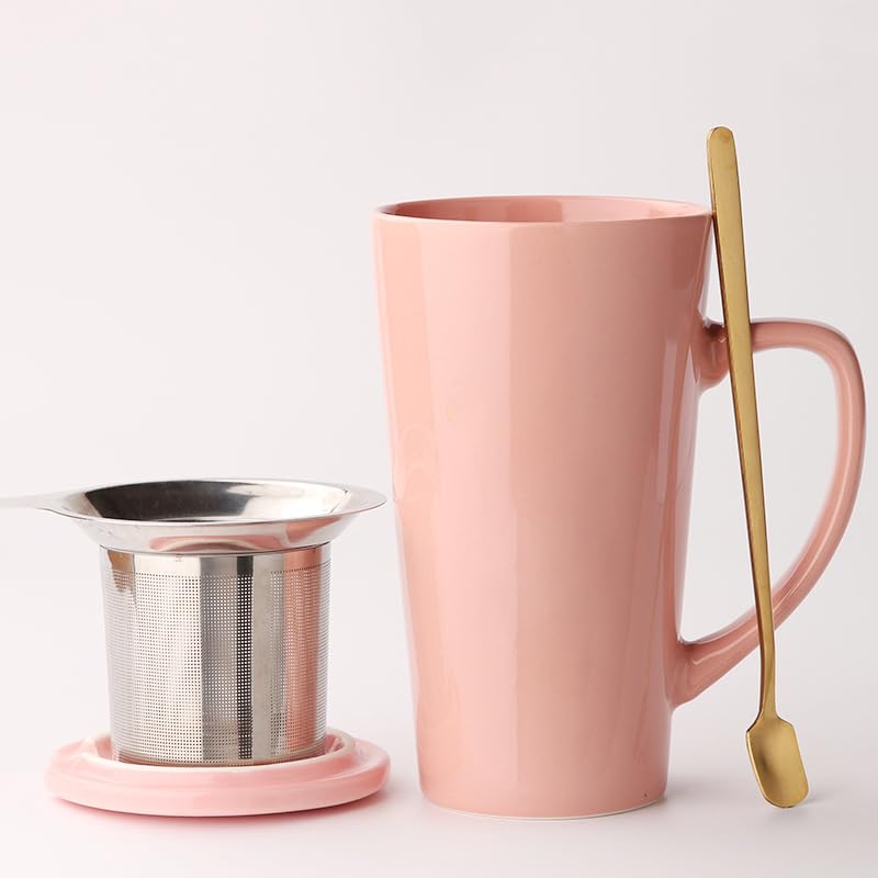 MIWARE 15 Ounce Porcelain Tea Mug with Infuser, Lid and Spoon, Loose Leaf Tea Cup, Pink