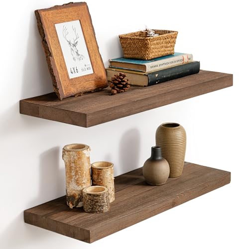 Image of Marsmiles Floating Shelves | 24 Inch Dark Wood Wall Shelves Set of 2 | 9.3 Inch Deep Rustic Reclaimed Wood Shelves for Room Wall | Farmhouse Floating Shelves for Living Room Bathroom