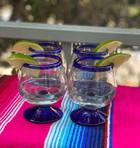 Mexican Hand Blown Glass – Set of 4 Hand Blown Cognac Snifter Glasses - Cobalt Blue Rim