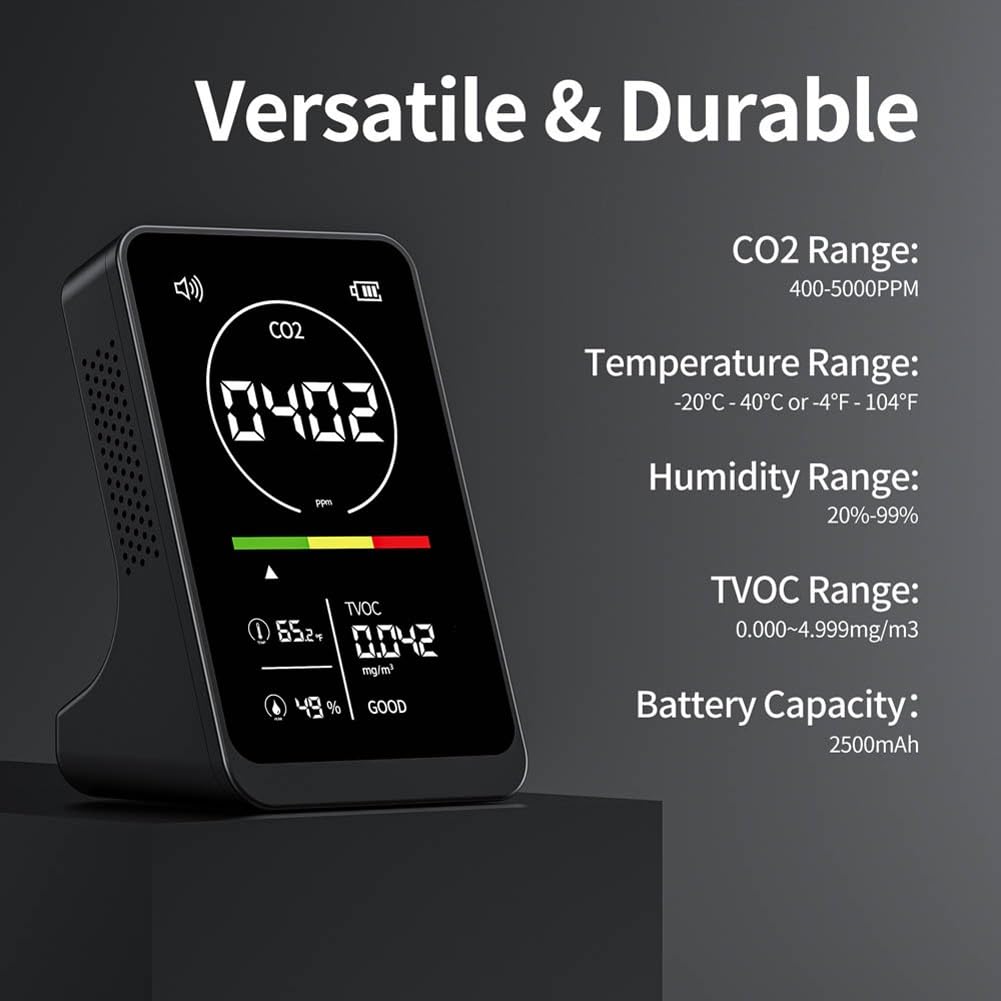 Detector de Gas, Medidor de Calidad del Aire 4 en 1, medidor de CO2, probador TVOC, Sensor Detector de Temperatura y Humedad portátil