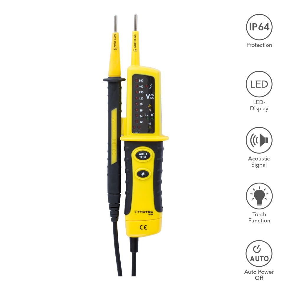 TROTEC Spannungsprüfer zweipolig BE20 – Durchgangsprüfer akustisch – Messbereich 12-600 V (AC/DC), IP64, LED