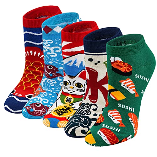 ZFSOCK Calcetines De Mujer Divertidos De Algodón, Patrón De Dibujos Animados Lindo Animal Gato De La Fortuna, Koi, 5 Pares,36-42,Ukiyo E Cover