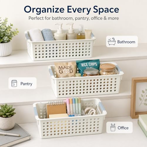 Image of Basicwise Set of 3 White Rectangular Plastic Storage Basket with Easy-Grip Handles Ventilated Organizer Bin for Bathroom Pantry Closet Laundry Kitchen Shelf Countertop & Home Organization Essentials