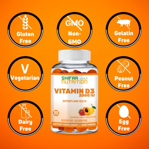 Shifaa Nutrition Vegetarian Vitamin D3 Gummies For Adults & Kids | 45-90 Servings, 2,000Iu / 1,000Iu | Non-Gmo, Gluten-Free, Gelatin-Free | Supports Bones, Muscles & Immune System Halal Vitamins #TOP5