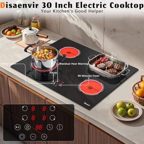 Image of 30 Inch Electric Cooktop 6400W, 240V Hard Wire (No Plug) | 4 Burner Glass Electric Stovetop 30 Inches, 99-Min Timer, Safety Lock, Pause, Rual Ring, Touch Control, 220V Hard Wired