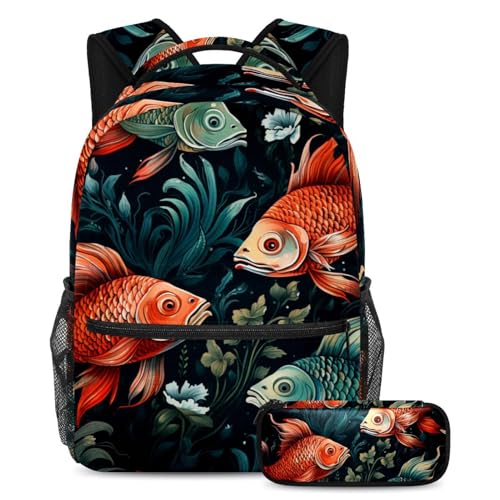 Sac à dos poisson rouge artistique ensemble cartable haut de gamme avec trousse large