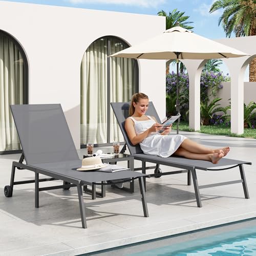Image of Amopatio Patio Lounge Chairs Outdoor Chaise Lounges Set of 2 | Removable Pool Chairs with Wheels &Side Table Weather Resistant 5-Position Adjustable Backrest 400 LBS Capacity;Gray