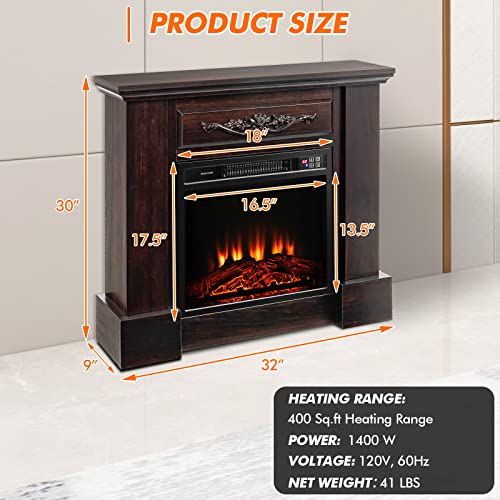Tangkula 32’’Electric Fireplace With Mantle, Freestanding Fireplace Heater W/ 3D Realistic & Adjustable Flame, Remote Control, Overheat Protection, 1400 W Wooden Fireplace Mantel For Home (Brown) #TOP3