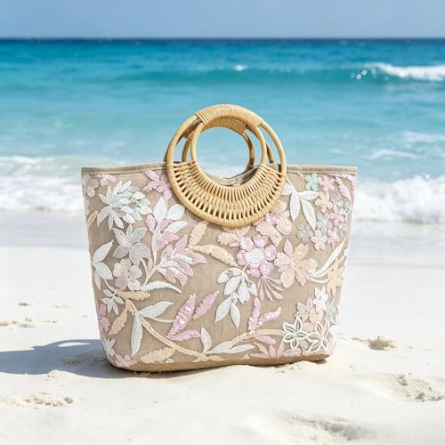 Bolso Tote para mujer con asas de bambú redondo miniatura 3