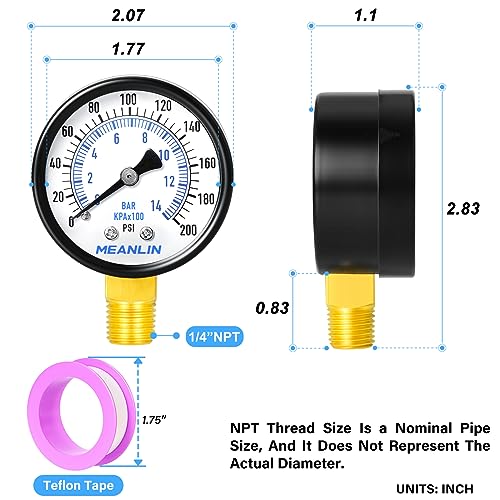 Image of MEANLIN MEASURE 0-200Psi Well Pump Pressure Gauge 1 /4 inch NPT 2 inch FACE DIAL for Air Compressor Air Regulator Water Filter Lower Mount, with Teflon Tape